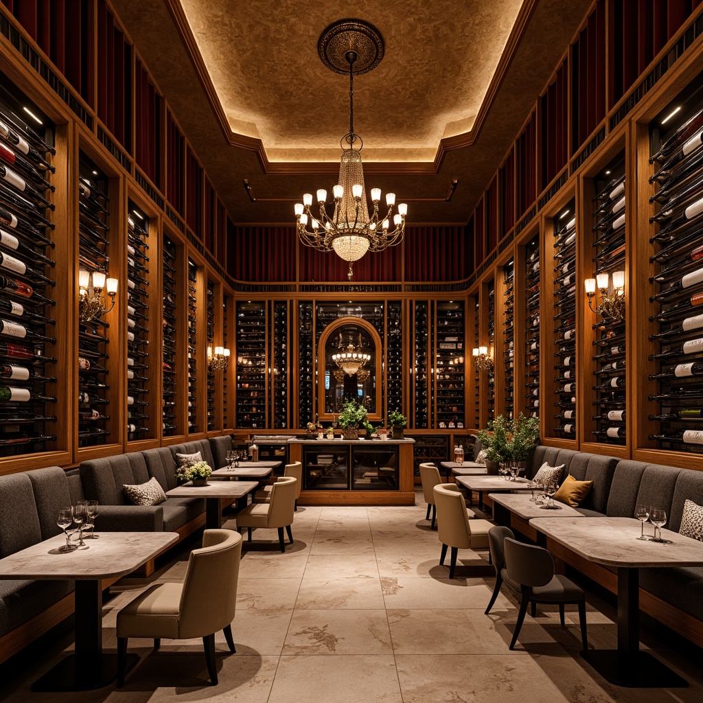 Prompt: Luxurious wine cellar, art deco style, rich wood tones, ornate metalwork, curved lines, geometric patterns, elegant chandeliers, dim warm lighting, temperature-controlled environment, premium wine racks, polished chrome accents, velvet drapes, marble countertops, sophisticated ambiance, refined wine glasses, vintage wine bottles, intimate seating area, soft background music, 1/1 composition, shallow depth of field, realistic reflections.