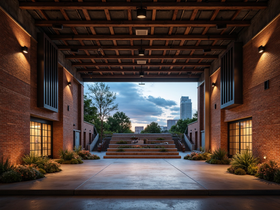 Prompt: Rustic industrial amphitheater, exposed brick walls, metallic beams, polished concrete floors, sound-absorbing panels, acoustic diffusers, strategically placed speakers, LED stage lighting, tiered seating, urban landscape views, cloudy blue sky, warm golden hour, softbox lighting, 1/2 composition, high-angle shot, realistic textures, subtle atmospheric fog.