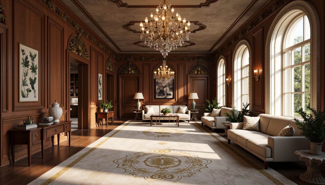 Prompt: \Elegant interior spaces, neoclassical inspirations, ornate moldings, decorative archways, sophisticated wall paneling, rich wood tones, gilded accents, crystal chandeliers, lavish furnishings, opulent textiles, subtle color palette, natural light pouring in, soft warm glow, shallow depth of field, 1/1 composition, realistic renderings, ambient occlusion.\