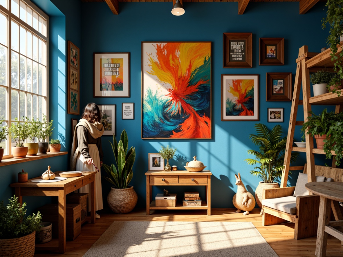 Prompt: Vibrant art studio, Prussian blue accents, warm golden lighting, rich wood textures, eclectic furniture pieces, abstract expressionist paintings, bold colorful strokes, dynamic composition, contrasting hues, creative chaos, artistic freedom, inspirational quotes, natural fabrics, woven baskets, potted plants, sunny afternoon, soft focused photography, 1/2 composition, atmospheric perspective, impressionist brushstrokes.