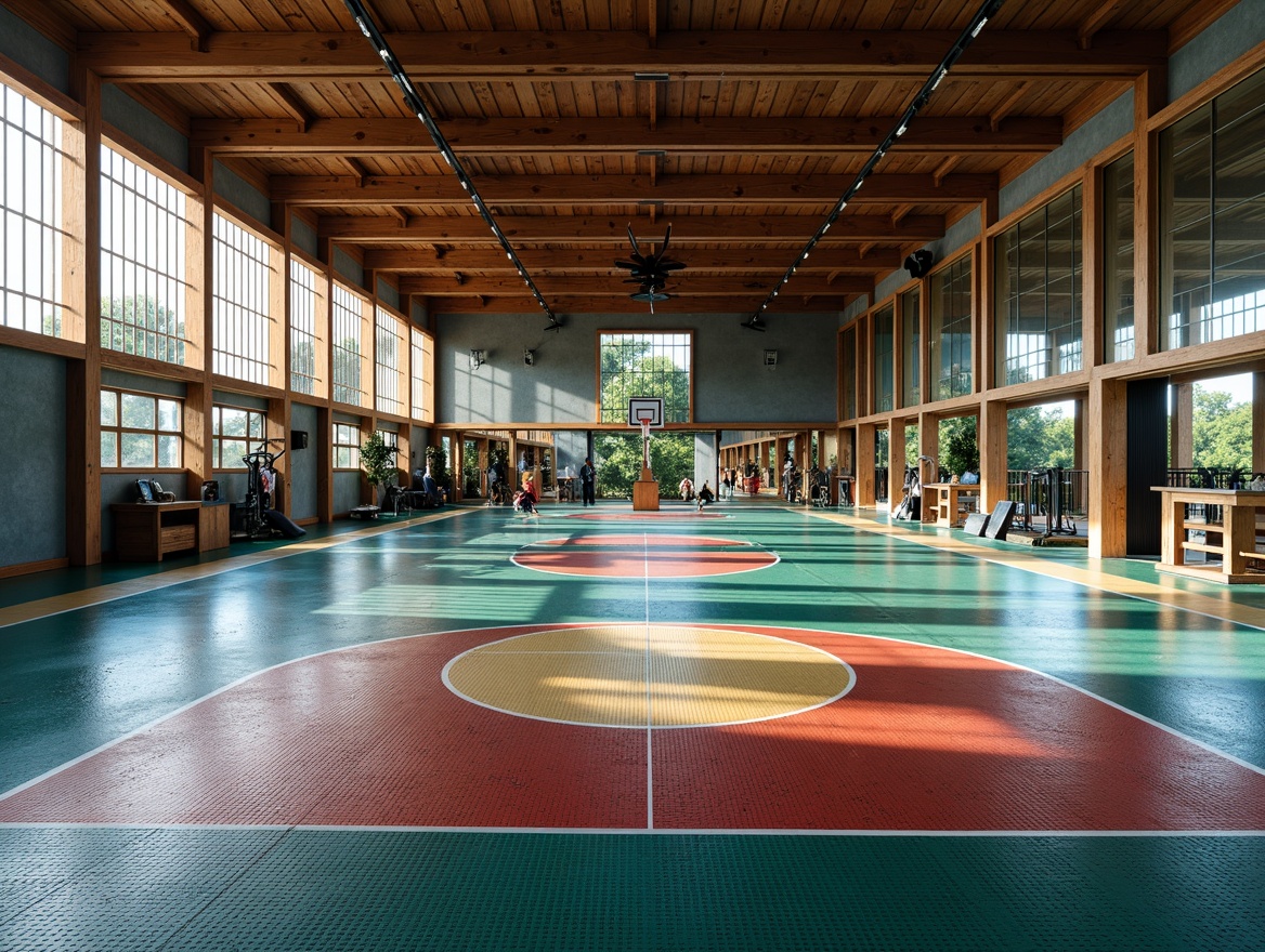 Prompt: Rubber flooring, interlocking tiles, shock-absorbing surfaces, textured patterns, vibrant colors, athletic markings, basketball court designs, home gym settings, natural lighting, large mirrors, weightlifting equipment, exercise machines, yoga mats, jumping ropes, meditation areas, calm atmosphere, soft warm lighting, 3/4 composition, realistic textures.