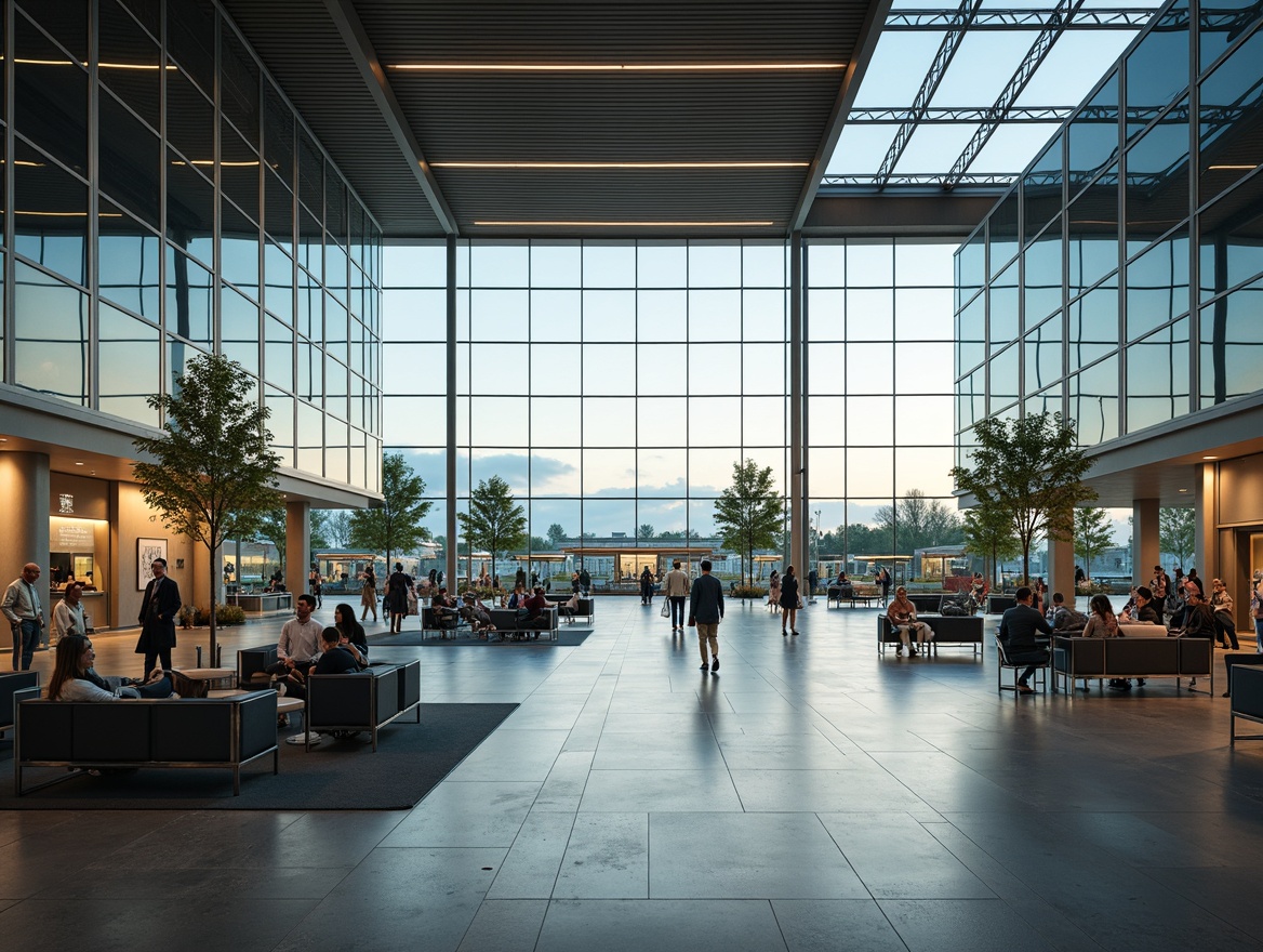 Prompt: Airy airport terminal, sleek glass fa\u00e7ade, minimalist steel framework, transparent roofs, natural light infusion, modern check-in counters, automated baggage systems, spacious departure lounges, comfortable seating areas, calm ambiance, soft warm lighting, shallow depth of field, 1/1 composition, panoramic view, realistic reflections, ambient occlusion, subtle branding elements, futuristic airport technology, sustainable energy solutions, green roofs, eco-friendly materials, innovative air purification systems.