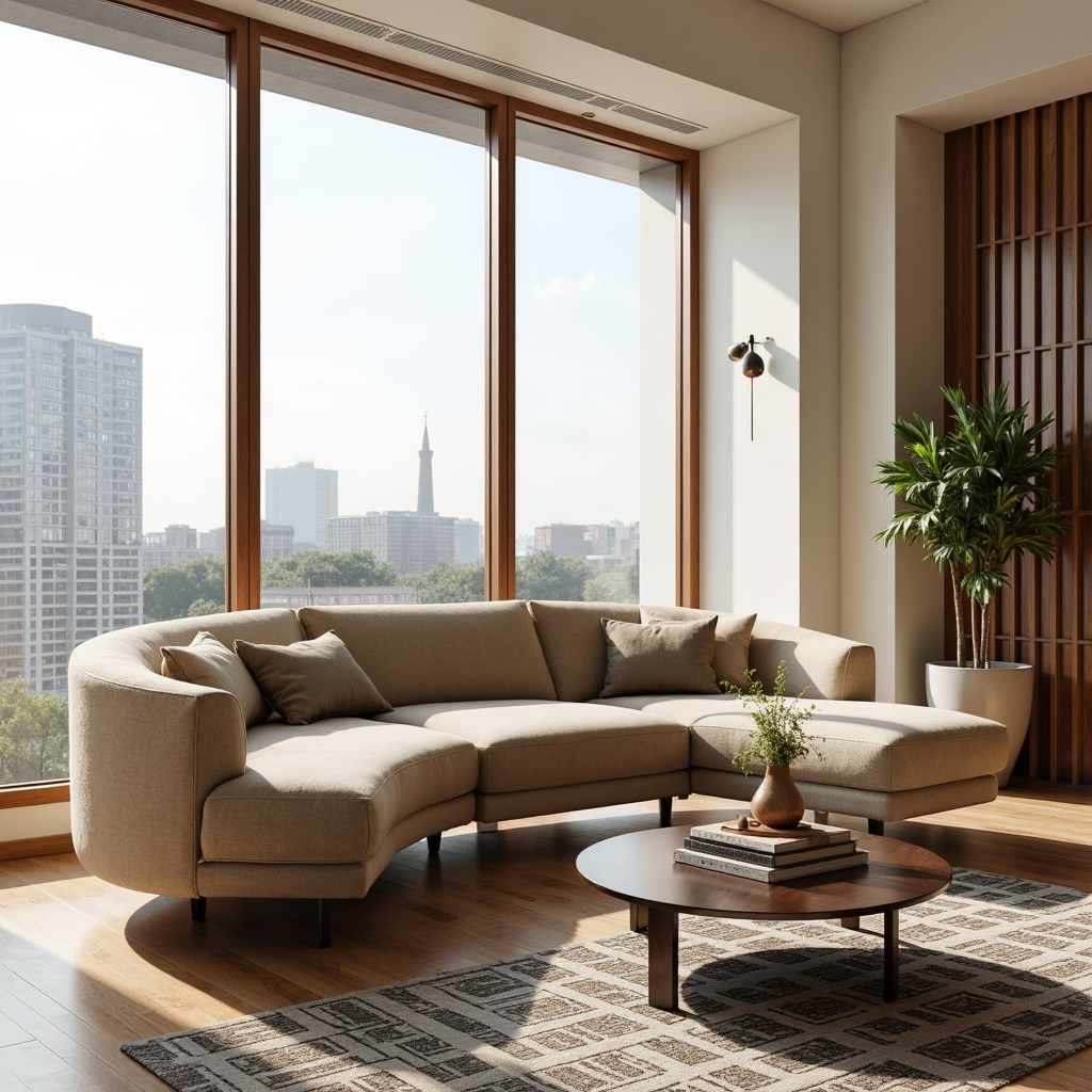 Prompt: Curved minimalist sofa, low-profile coffee table, sleek metal legs, walnut wood accents, velvety soft upholstery, ambient floor lamps, geometric patterned rugs, cream-colored walls, large windows, urban city views, bright natural light, 1/1 composition, shallow depth of field, warm soft focus, realistic textures, subtle gradient effects.