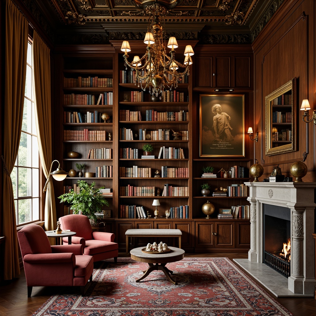 Prompt: Rustic wooden bookshelves, velvet armchairs, ornate bronze lamps, distressed leather-bound tomes, richly patterned rugs, soft warm lighting, cozy reading nooks, intricately carved wooden paneling, elegant stone fireplaces, grand chandeliers, luxurious silk drapes, refined gilded frames, vintage globe decorations, classic literary quotes, French Renaissance-inspired architecture, tranquil atmosphere, 1/1 composition, shallow depth of field, realistic textures, ambient occlusion.