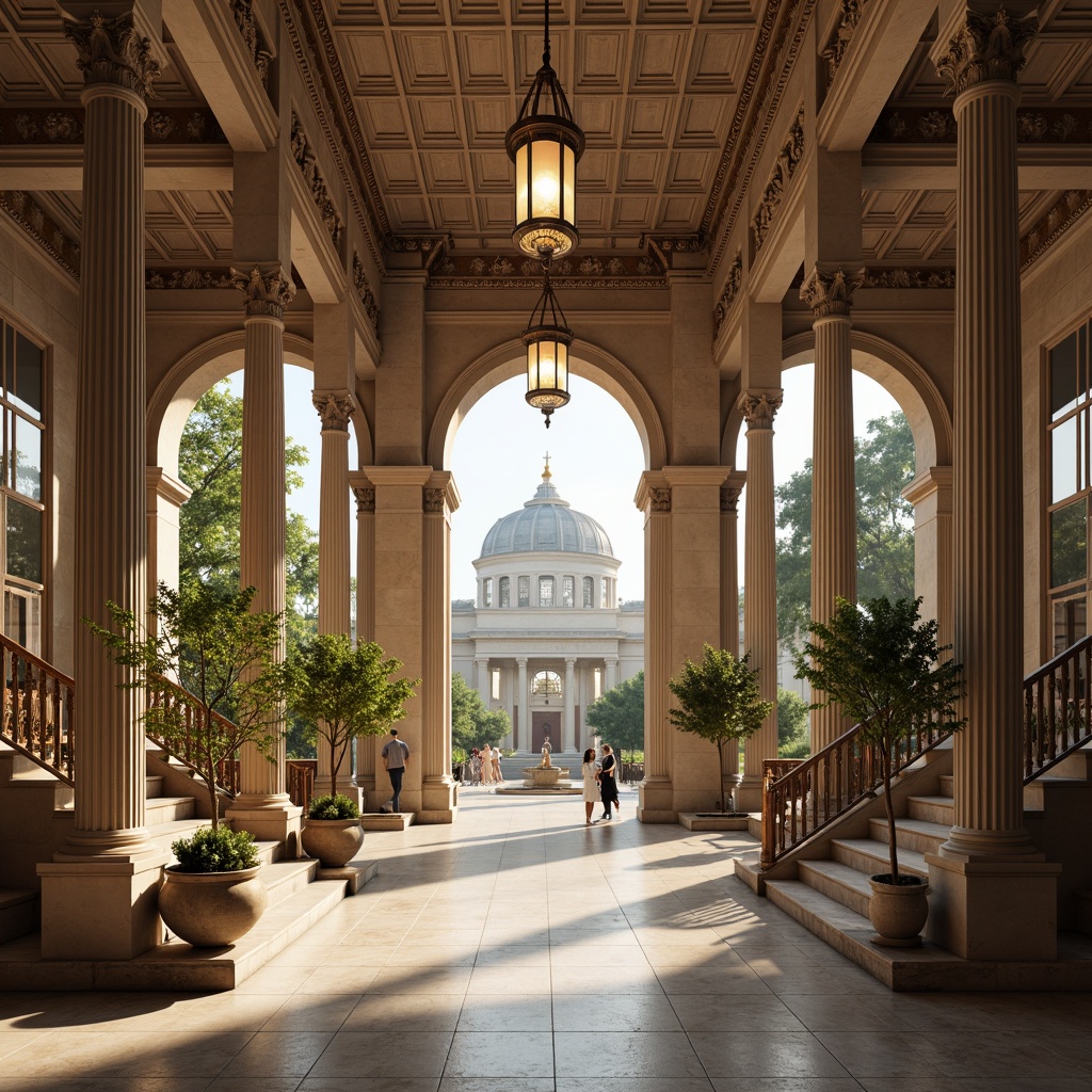 Prompt: Grandiose pavilion, symmetrical facade, Corinthian columns, ornate carvings, sweeping arches, grand entrance, marble flooring, stately staircases, elegant balustrades, lavish chandeliers, high ceilings, abundant natural light, subtle warm lighting, shallow depth of field, 1/2 composition, atmospheric perspective, realistic textures, ambient occlusion.