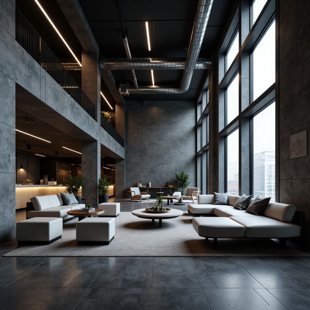 Prompt: Streamlined interior, minimalist decor, monochromatic color scheme, sleek metallic accents, hidden LED lights, subtle ambient glow, soft indirect lighting, floor-to-ceiling windows, natural daylight, 3/4 composition, shallow depth of field, realistic textures, ambient occlusion, modern furniture designs, low-profile seating, curved lines, futuristic aesthetic, urban loft atmosphere, industrial chic influences.