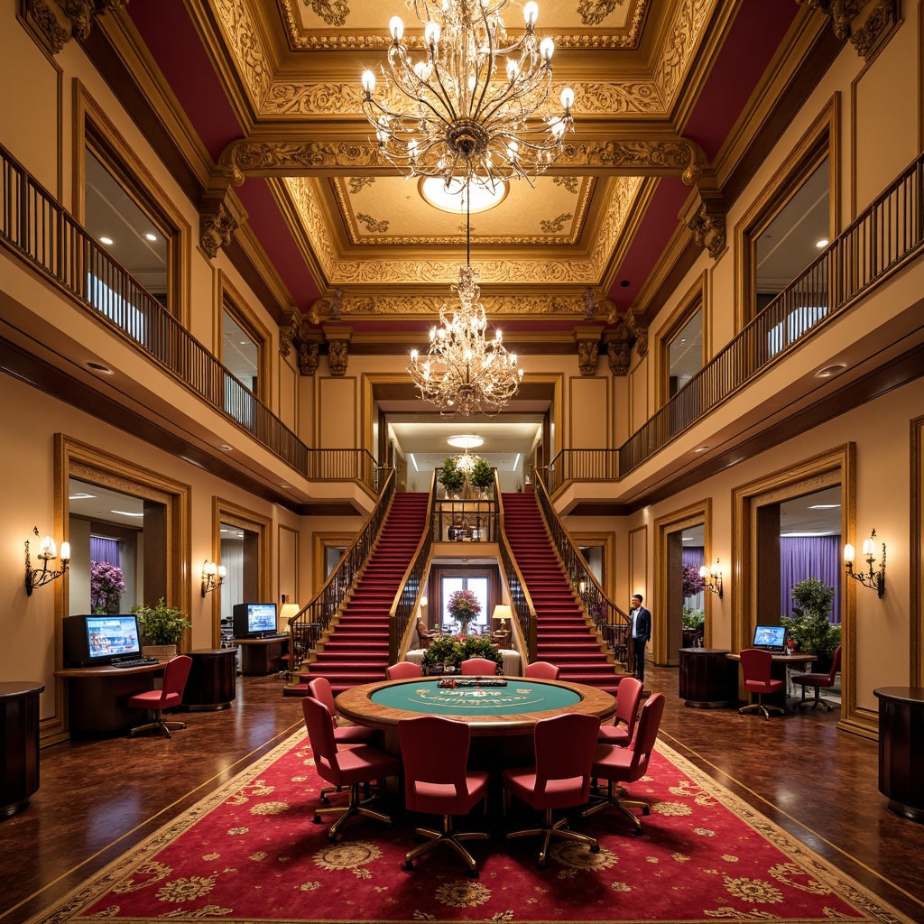 Prompt: Luxurious casino interior, rich velvet fabrics, ornate gold accents, lavish chandeliers, warm beige walls, deep red carpets, intricate molding details, opulent marble floors, soft golden lighting, dramatic high ceilings, grandiose staircase, elegant poker tables, refined wooden paneling, sophisticated brass fixtures, vibrant turquoise highlights, majestic crown moldings, regal purple undertones, sumptuous leather upholstery, warm terracotta tones, subtle cream textures, refined crystal chandeliers, ornate fresco ceilings, lavish drapery, warm ambient glow.