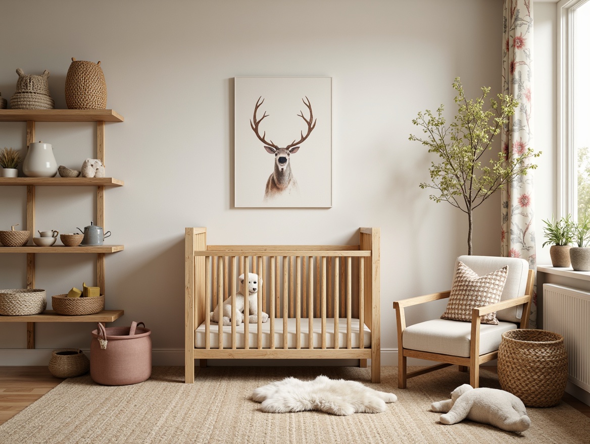 Prompt: Cozy baby room, rustic wooden crib, vintage-inspired nursery furniture, soft plush toys, natural woven baskets, distressed wood shelves, creamy white walls, warm beige carpet, floral patterned curtains, gentle morning light, shallow depth of field, 1/2 composition, intimate warm atmosphere, realistic textures, ambient occlusion.