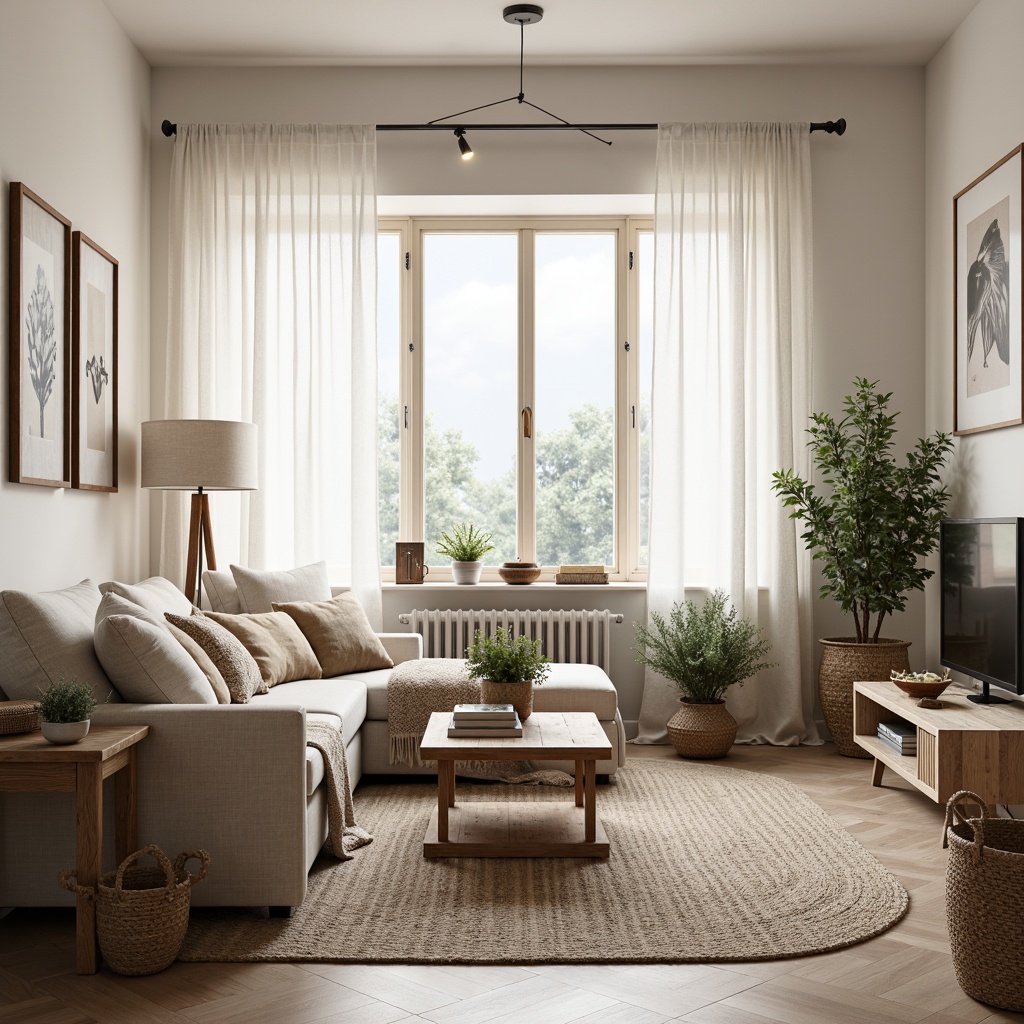 Prompt: Cozy Nordic living room, plush throw blankets, woven wool rugs, natural linen upholstery, soft pastel colors, minimal ornamentation, wooden accents, light-colored floors, sheer curtains, ambient warm lighting, rustic wooden tables, woven baskets, potted greenery, hygge atmosphere, inviting textures, 1/2 composition, soft focus, atmospheric perspective.