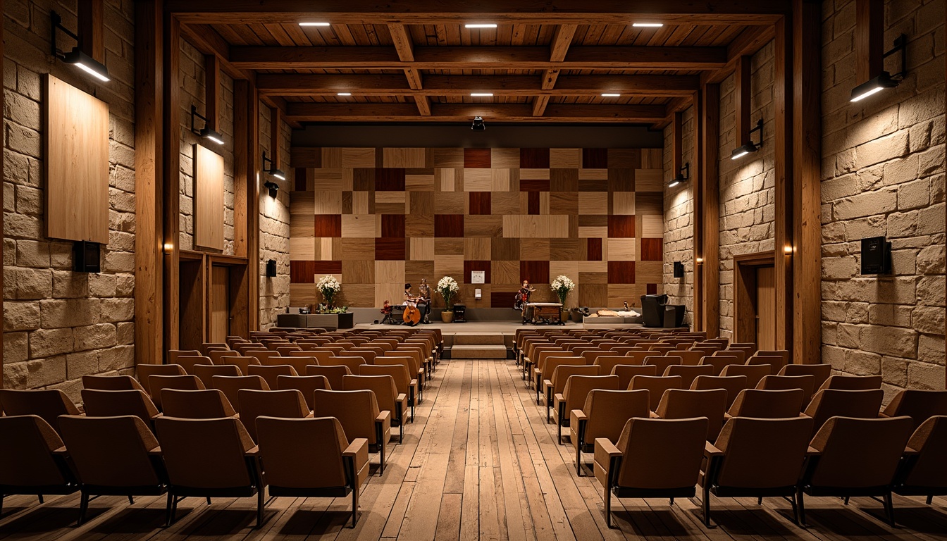 Prompt: Rustic performing arts center, reclaimed wood acoustic panels, natural stone walls, earthy color palette, warm ambient lighting, wooden beam ceilings, vintage stage lights, worn leather seats, distressed metal hardware, wooden floorboards, woven textiles, organic patterns, cozy intimate atmosphere, soft warm glow, shallow depth of field, 1/1 composition, realistic textures, ambient occlusion.