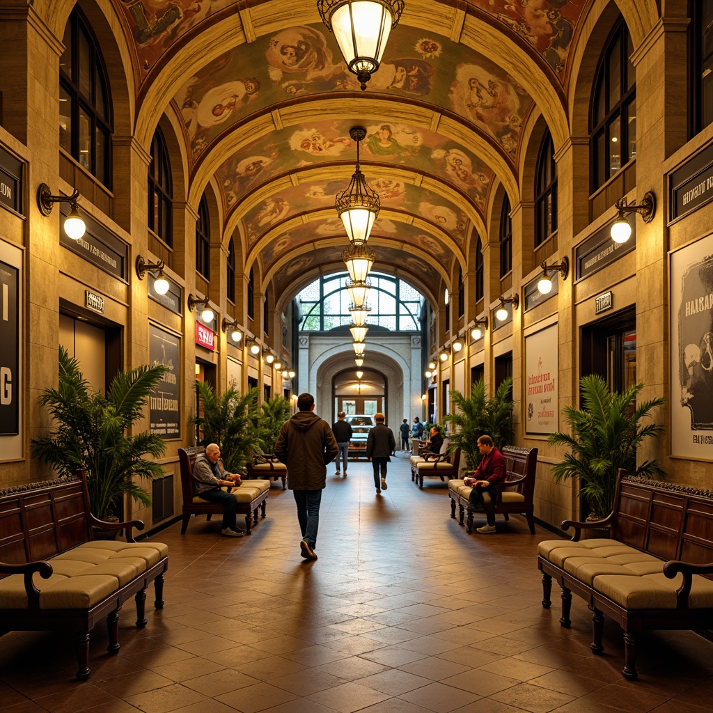 Prompt: Traditional metro station, ornate chandeliers, classic wooden benches, vintage-inspired signage, nostalgic advertisements, warm yellow lighting, intricate tile work, grand archways, elegant stone columns, refined metal accents, comfortable waiting areas, soft upholstered seating, lush greenery, beautiful frescoes, historic architectural details, shallow depth of field, 1/1 composition, realistic textures, ambient occlusion.