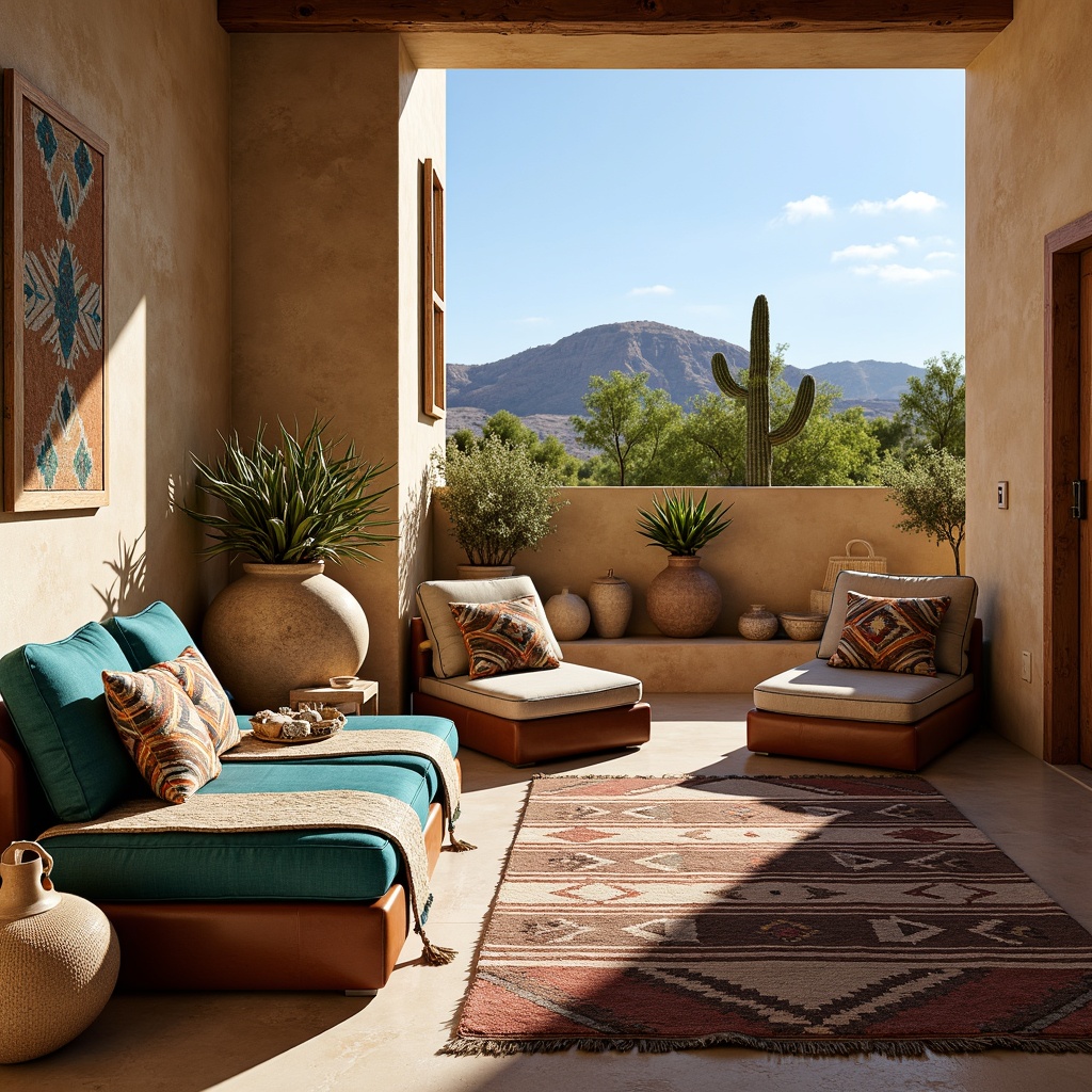 Prompt: Vibrant turquoise fabrics, tribal-inspired patterns, woven baskets, natural fibers, earthy tone color palette, warm beige walls, rustic wooden accents, plush Aztec-print throw pillows, hand-woven Navajo blankets, distressed leather armchairs, vintage Southwestern rugs, adobe-style architecture, clay pottery vases, cactus plants, sunny desert landscape, clear blue sky, warm soft lighting, shallow depth of field, 3/4 composition.