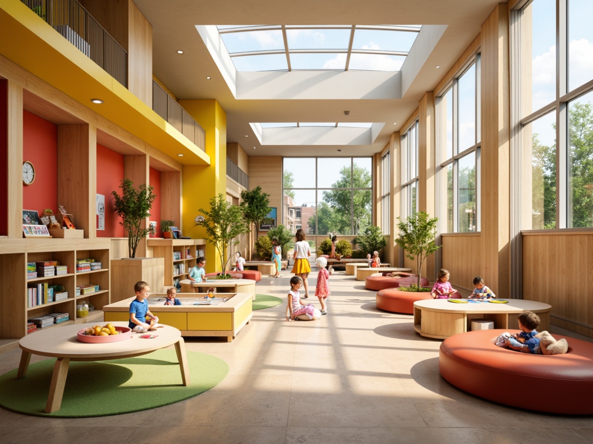 Prompt: Vibrant kindergarten interior, bright colors, playful furniture, educational toys, interactive displays, cozy reading nooks, circular tables, tiny chairs, soft cushions, natural wood accents, large windows, skylights, clerestory windows, translucent curtains, diffused lighting, warm sunny day, shallow depth of field, 1/1 composition, panoramic view, realistic textures, ambient occlusion.