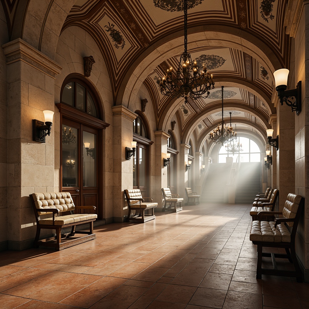 Prompt: Classic metro station, traditional architectural style, terracotta tiles, ornate mosaics, grand chandeliers, high ceilings, marble floors, intricate metalwork, wooden paneling, vintage lighting fixtures, rustic stone walls, distressed brick textures, warm beige tones, atmospheric mist, shallow depth of field, 1/2 composition, realistic reflections, ambient occlusion.