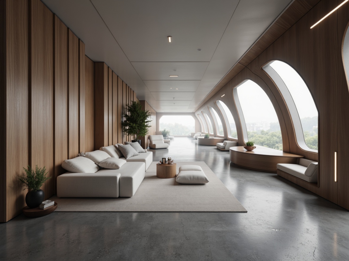 Prompt: Sleek streamline interior, monochromatic color scheme, soft gray tones, creamy whites, rich wood accents, metallic silver highlights, subtle gradient effects, futuristic ambiance, minimalist decor, curved lines, aerodynamic shapes, ambient lighting, warm glow, shallow depth of field, 1/1 composition, realistic textures, atmospheric fog.