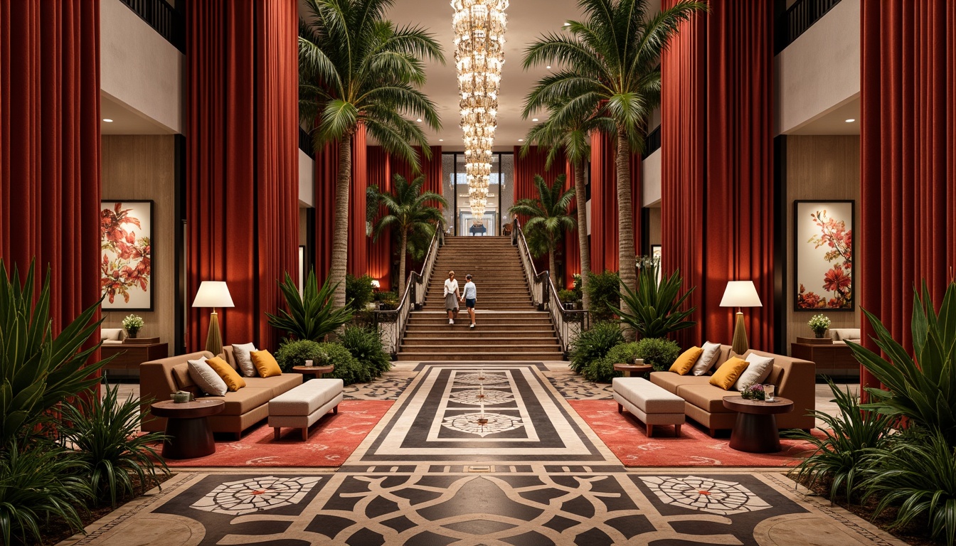 Prompt: Luxurious hotel lobby, ornate wooden paneling, rich velvet drapes, plush carpeted floors, intricate mosaic patterns, metallic accents, dramatic chandeliers, grand staircases, lavish furnishings, bold geometric shapes, vibrant color palette, eclectic art pieces, exotic natural materials, tropical plants, soft diffused lighting, shallow depth of field, 1/1 composition, atmospheric perspective, warm inviting ambiance.