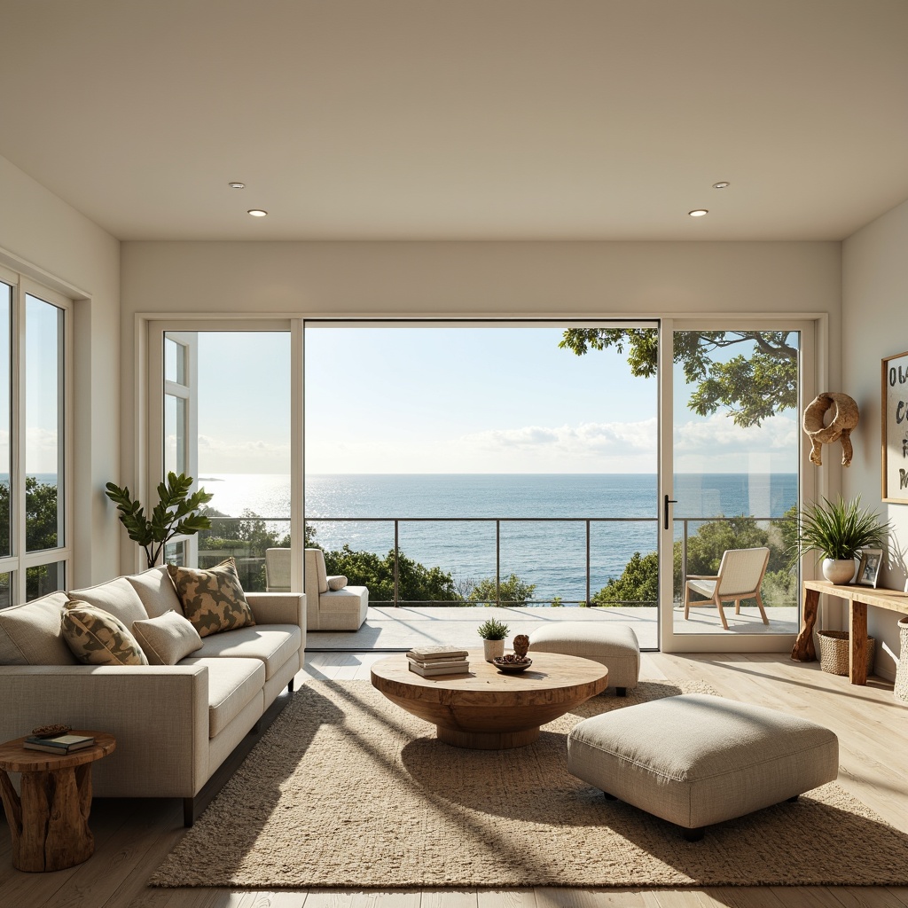 Prompt: Coastal living room, large windows, sliding glass doors, ocean views, natural light pouring in, soft warm glow, creamy white walls, reclaimed wood flooring, woven sea grass rugs, driftwood accents, shell decorations, calming blue-green color palette, comfortable linen upholstery, minimalist modern furniture, beachy textures, airy atmosphere, 1/2 composition, shallow depth of field, soft focus, warm sunny day.