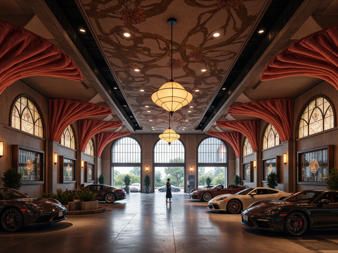 Prompt: Opulent garage interior, sinuous curved lines, flowing organic shapes, ornate metalwork, luxurious velvet fabrics, rich wood paneling, elegant pendant lamps, soft warm lighting, subtle shading, atmospheric mist, Art Nouveau-inspired decorative motifs, whimsical botanical patterns, intricate glass mosaics, polished chrome accents, sleek modern vehicles, spacious open areas, grand archways, refined industrial materials.