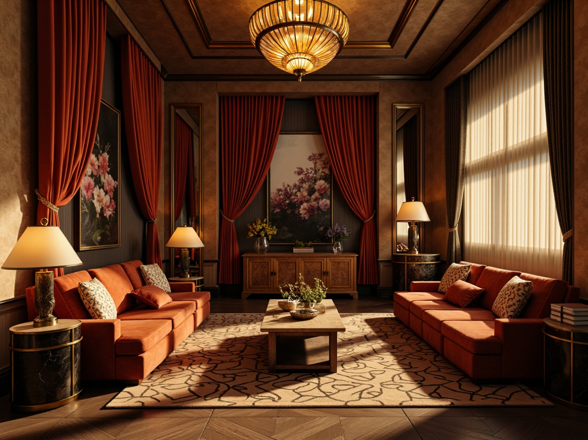 Prompt: Luxurious Art Deco interior, opulent furnishings, velvet sofas, polished chrome frames, geometric patterned rugs, marble coffee tables, ornate metal lamps, glossy wooden cabinets, curved lines, sunburst motifs, metallic accents, rich textiles, lavish drapery, bold color schemes, high-contrast lighting, dramatic shadows, 1/1 composition, intimate atmosphere, soft focus, warm golden tones.