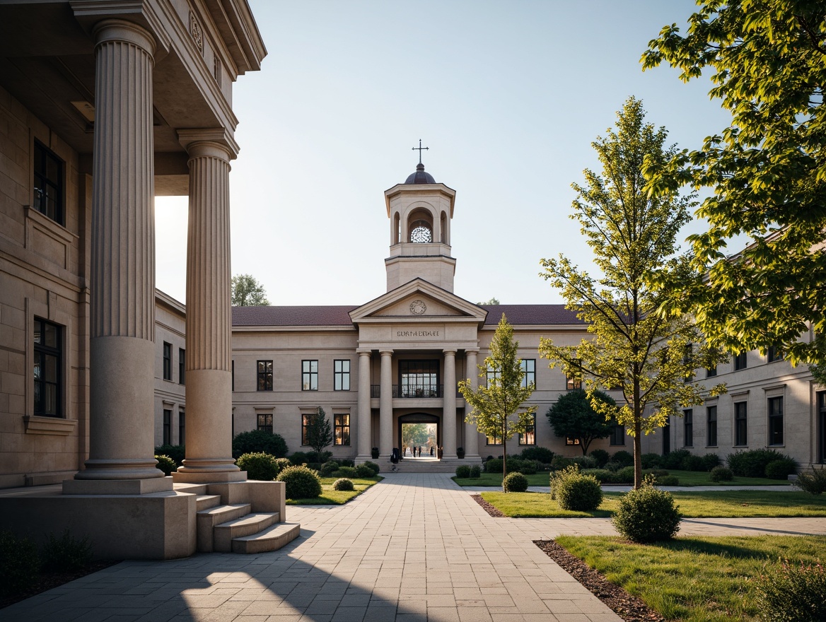 Prompt: Elegant academic building facade, neoclassical columns, symmetrical composition, ornate details, rusticated stone walls, arched windows, grand entrance, imposing clock tower, subtle color palette, muted earth tones, dignified architecture, formal landscaping, manicured lawns, walking paths, mature trees, soft morning light, shallow depth of field, 1/2 composition, realistic textures, ambient occlusion.