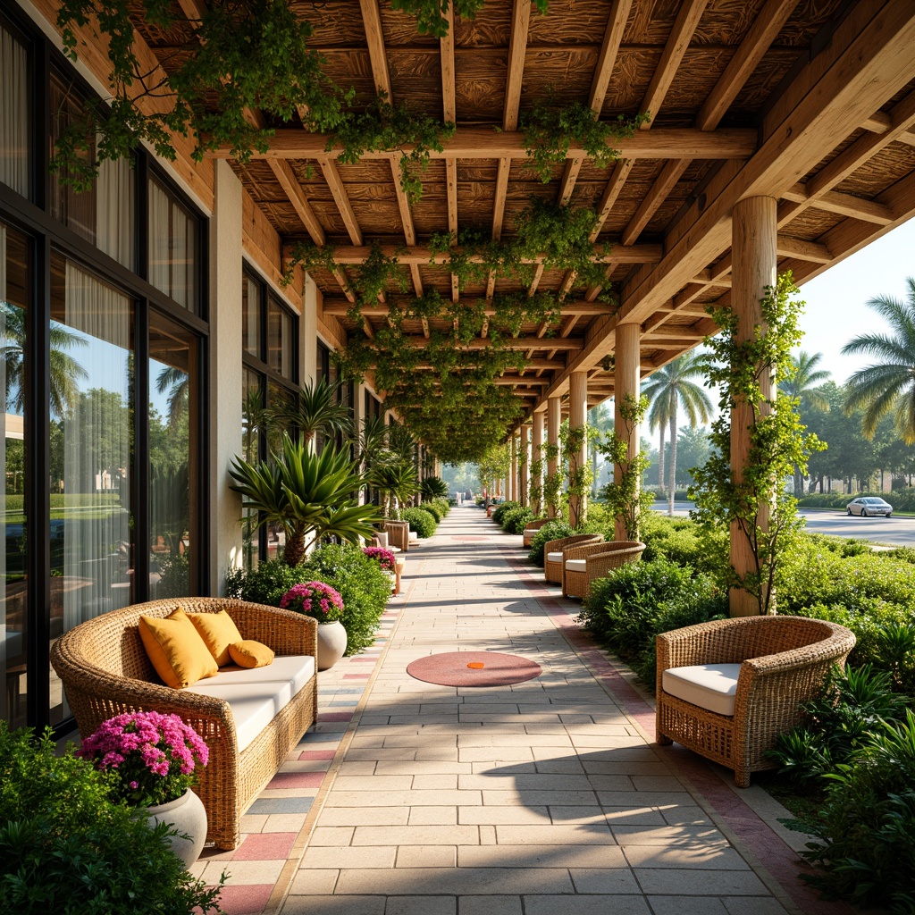 Prompt: Vibrant tropical bus station, lush greenery, exotic flowers, natural wood accents, woven rattan furniture, colorful tiling, intricate mosaics, curved lines, organic shapes, palm tree silhouettes, warm sunny day, soft diffused lighting, shallow depth of field, 1/2 composition, panoramic view, realistic textures, ambient occlusion.