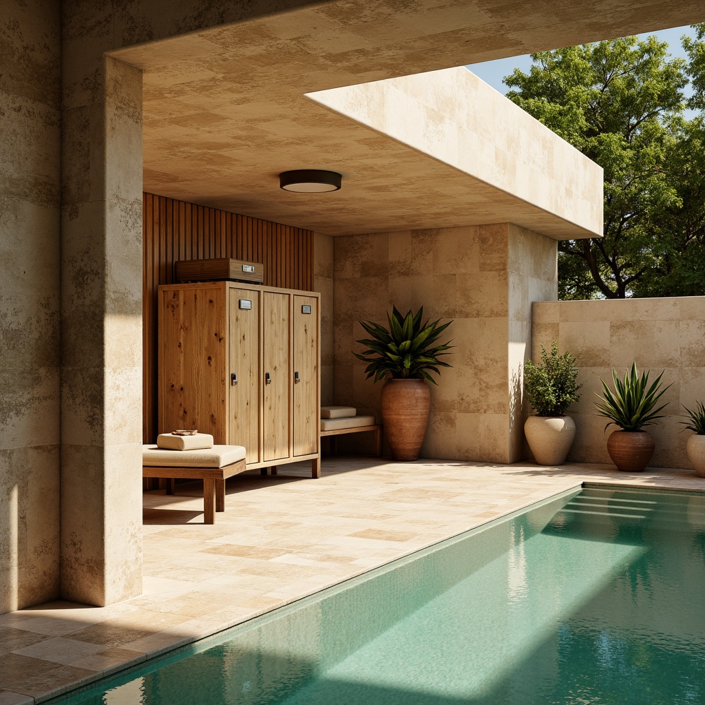 Prompt: Warm beige walls, natural stone flooring, rustic wooden accents, vintage athletic equipment, distressed metal lockers, earthy terracotta pots, lush greenery, vibrant turquoise pool water, sunny outdoor spaces, soft warm lighting, shallow depth of field, 3/4 composition, realistic textures, ambient occlusion.