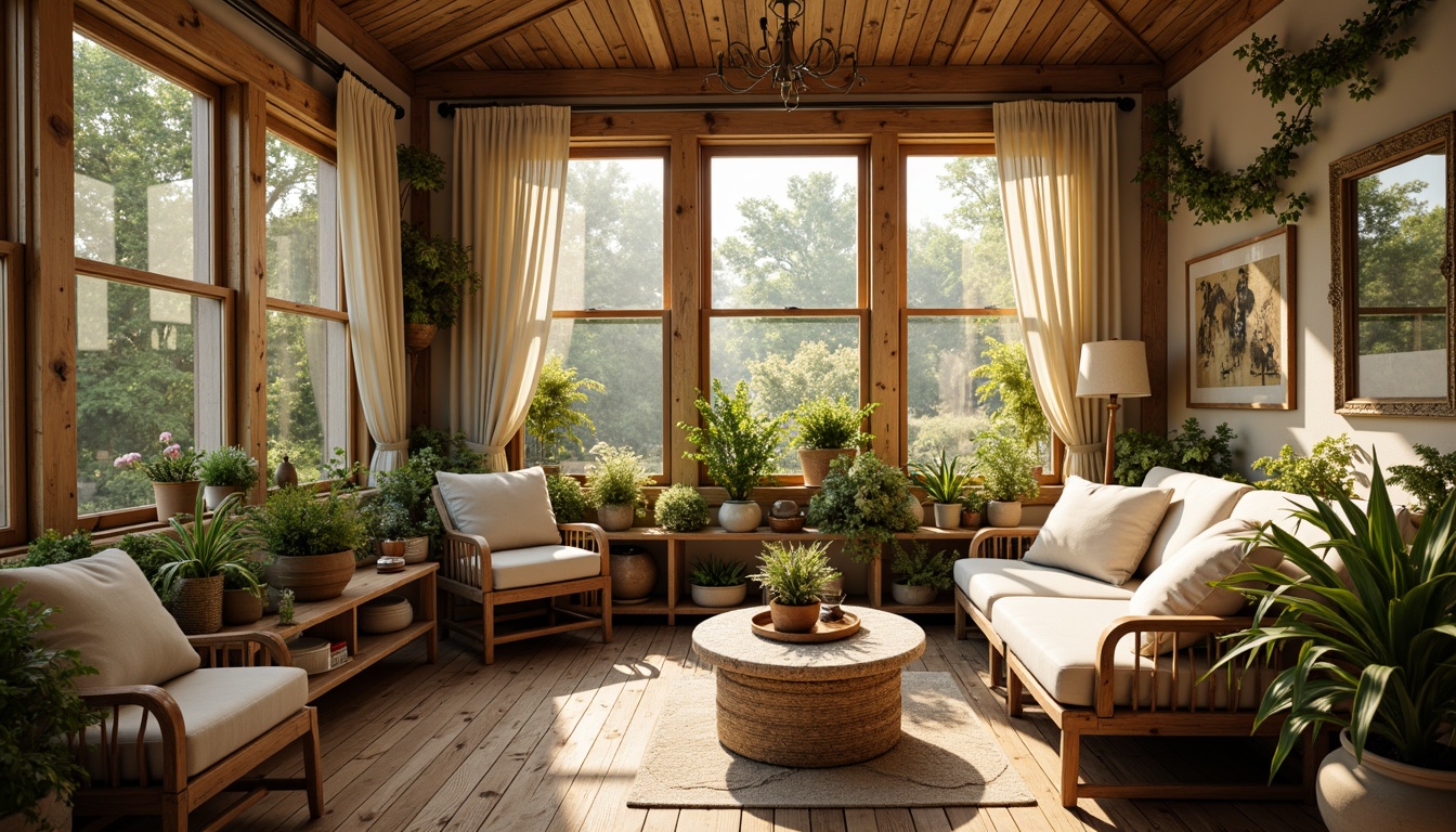 Prompt: Cozy sunroom, distressed wooden furniture, vintage decorations, soft cushions, warm beige tones, natural textiles, woven baskets, lush greenery, potted plants, climbing vines, rustic metal frames, ornate mirrors, sheer curtains, filtered sunlight, warm golden lighting, shallow depth of field, 1/1 composition, soft focus, romantic ambiance.