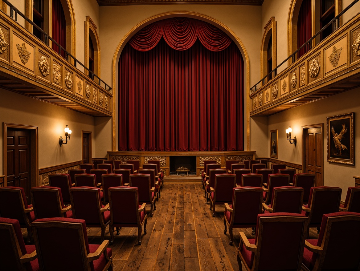 Prompt: Rustic theater interior, warm beige walls, soft golden lighting, rich velvet curtains, ornate gilded frames, distressed wooden floors, plush crimson red seats, intricate carvings, Baroque-inspired details, luxurious silk fabrics, antique bronze fixtures, vintage candelabras, mysterious dimly lit atmosphere, dramatic shadows, 1/2 composition, warm color harmony, realistic textures, ambient occlusion.