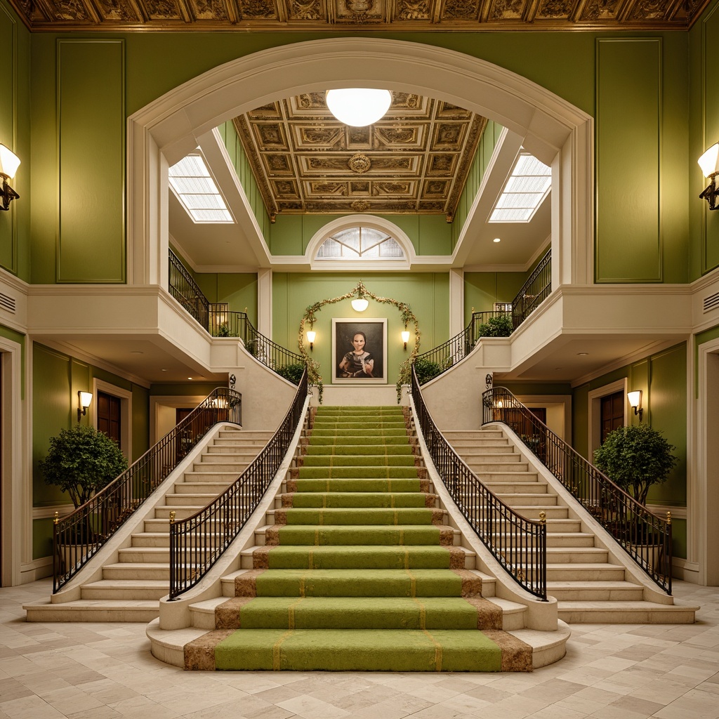 Prompt: Elegant staircase, lime-green accent walls, cream-colored marble floors, ornate bronze railings, classic columnar architecture, symmetrical composition, soft warm lighting, subtle shading, atmospheric perspective, Renaissance-inspired patterns, rich velvet textiles, gilded decorative accents, refined ornateness, luxurious atmosphere, dramatic high ceilings, sweeping curved lines, grandiose proportions.