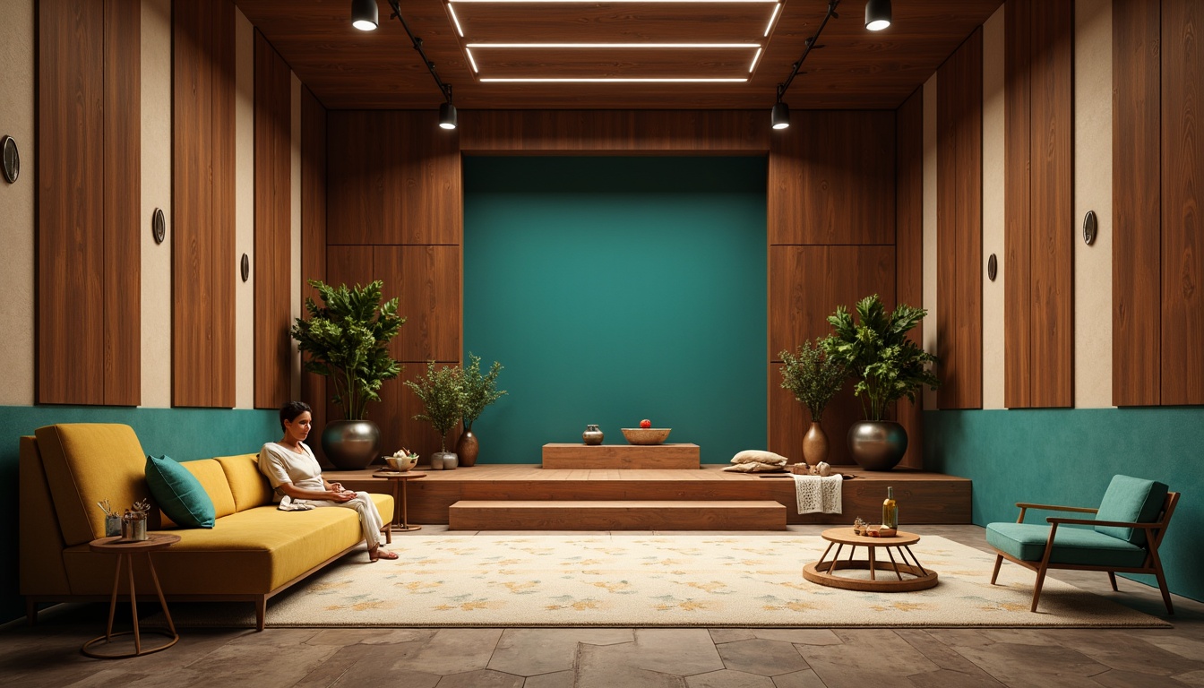 Prompt: Rich walnut wood tones, warm beige walls, bold turquoise accents, retro-inspired patterned rugs, sleek chrome fixtures, geometric-shaped stage lighting, comfortable velvet seating, natural stone flooring, minimalist decorative elements, subtle texture variations, softbox lighting, 1/2 composition, cinematic atmosphere, realistic material reflections.