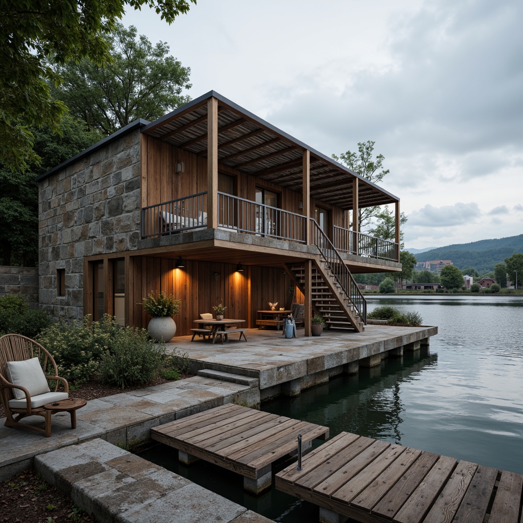 Prompt: Rustic boathouse, brutalist architecture, rough-hewn stone walls, weathered wood accents, industrial metal beams, corrugated iron roofs, distressed concrete floors, nautical ropes, wooden docks, lake or river surroundings, serene water reflections, overcast sky, soft warm lighting, shallow depth of field, 1/1 composition, realistic textures, ambient occlusion.