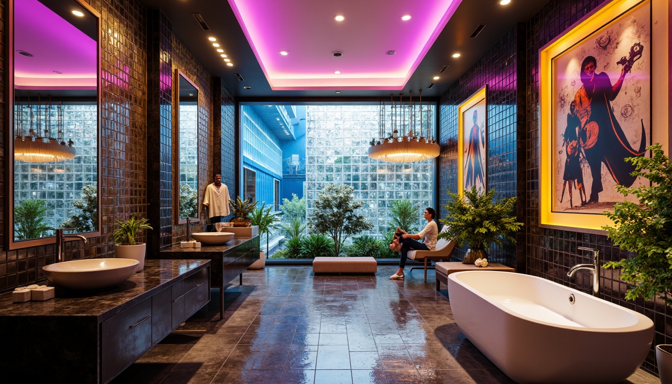 Prompt: Vibrant colored glass walls, bold geometric patterns, eclectic bathroom fixtures, sleek chrome faucets, modern freestanding tubs, iridescent mosaic tiles, abstract art pieces, dramatic LED lighting, futuristic shower enclosures, luxurious rain showerheads, spa-inspired ambiance, tranquil water features, tropical plant arrangements, minimalist floating vanities, high-gloss cabinets, avant-garde architecture, daring color schemes, prismatic glass blocks, ornate metalwork, avant-garde sculptures.