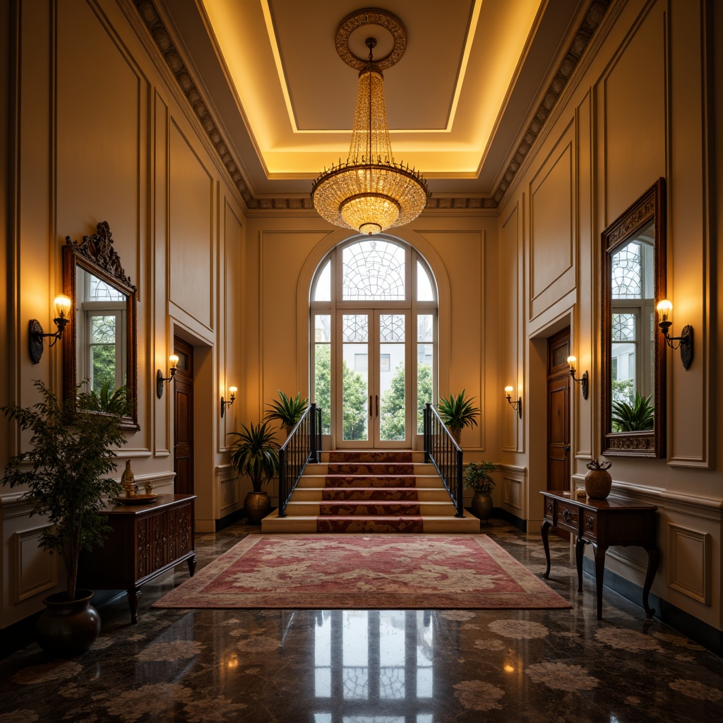 Prompt: Grand entrance hall, luxurious chandelier, warm golden lighting, elegant staircase, marble flooring, ornate mirrors, plush area rug, lavish furnishings, ambient shadows, soft focus blur, 1/2 composition, dramatic low-key lighting, mystical atmosphere, creamy white walls, rich wood tones, subtle color grading.