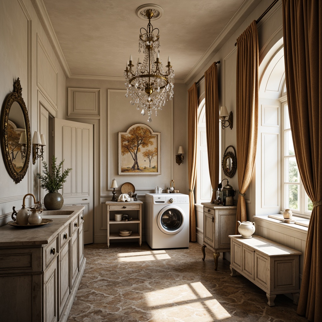 Prompt: \Rococo-style laundry room, ornate chandeliers, crystal droplets, soft warm lighting, elegant metal fixtures, creamy white walls, gold accents, intricate carvings, lavish textiles, velvet drapes, antique furniture pieces, distressed wood cabinetry, vintage-inspired decorative accessories, ornamental mirrors, delicate porcelain vases, romantic ambiance, subtle color palette, 1/1 composition, shallow depth of field, warm natural light, soft focus.\