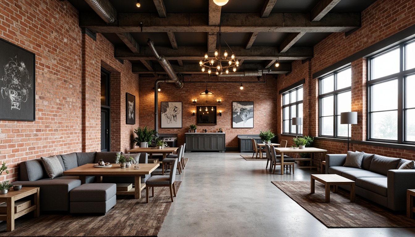 Prompt: Exposed brick walls, metal beams, reclaimed wood flooring, industrial-style lighting fixtures, Edison bulbs, urban loft atmosphere, distressed finishes, concrete accents, mechanical equipment visible, functional pipes, modern minimalist decor, neutral color palette, functional spaces, open floor plans, high ceilings, natural light pouring in, 3/4 composition, shallow depth of field, realistic textures.