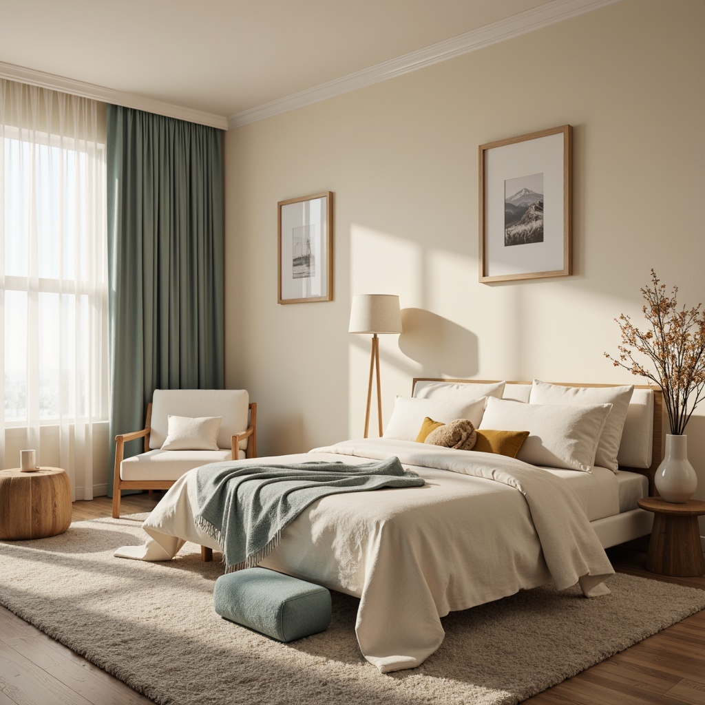 Prompt: Cozy bedroom, soft pastel hues, calming atmosphere, plush carpets, comfortable bedding, warm lighting, relaxing ambiance, serene color scheme, gentle beige walls, soothing blue accents, creamy white furniture, natural wood tones, minimal decor, peaceful retreat, intimate setting, calming textiles, subtle patterns, soft focus, shallow depth of field, 1/1 composition, warm golden lighting.