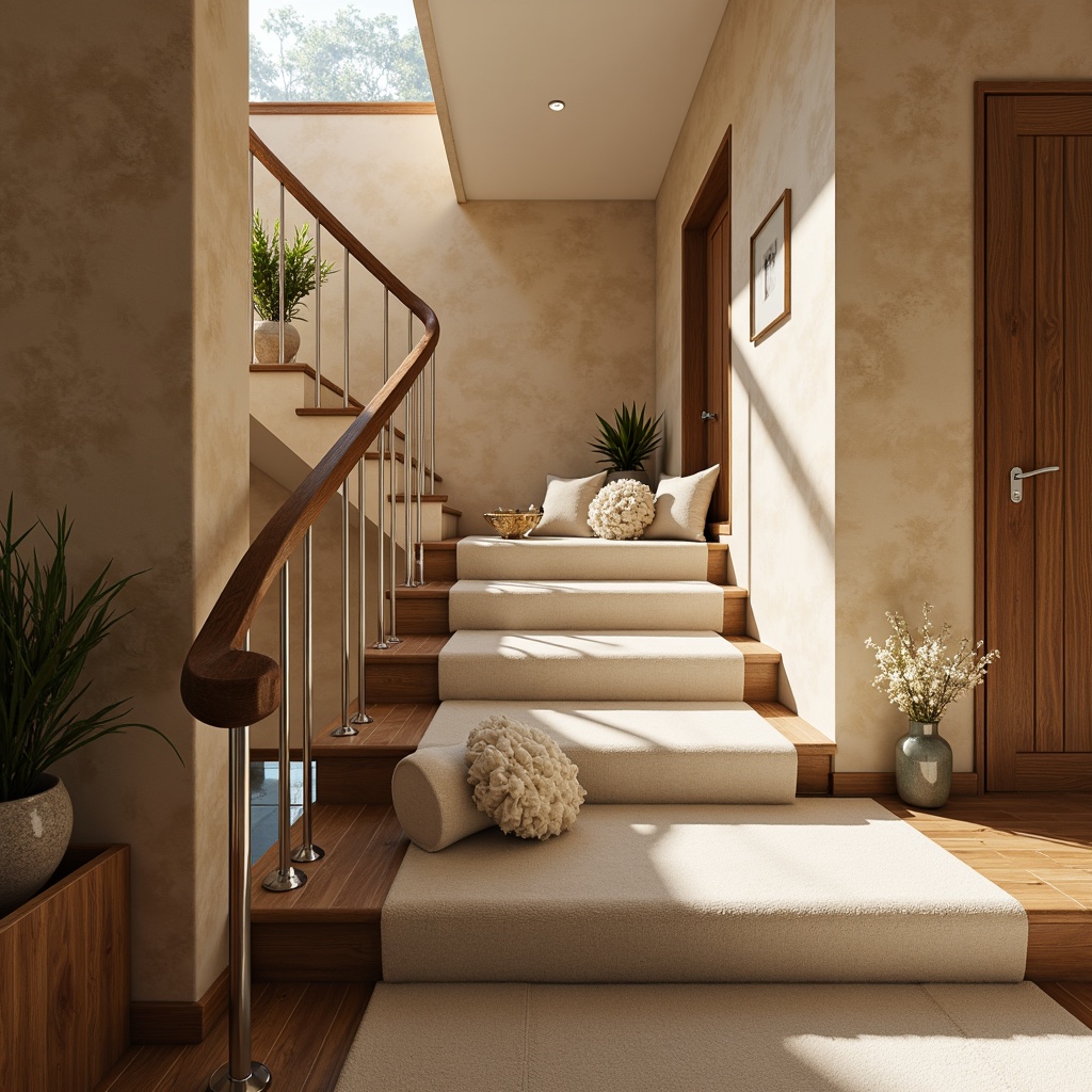 Prompt: Elegant staircase, warm beige walls, rich walnut handrails, polished chrome banisters, soft cream carpeting, subtle texture contrast, calming atmosphere, natural light pouring in, gentle shadows, soothing color harmony, earthy brown tones, creamy whites, deep blues, velvety smooth finishes, ornate metal details, sophisticated design elements, 1/2 composition, dramatic low-angle view, warm ambient lighting, realistic material reflections.