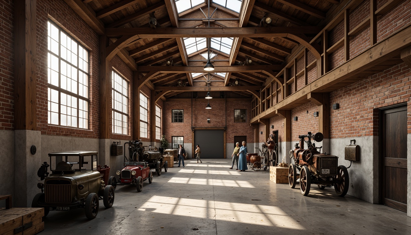 Prompt: Rustic warehouse, exposed brick walls, distressed wooden beams, metal pipes, industrial lighting fixtures, reclaimed wood accents, vintage machinery, earthy tones, natural materials, rough-hewn stone floors, weathered steel doors, gritty urban atmosphere, soft warm light, shallow depth of field, 3/4 composition, realistic textures, ambient occlusion.