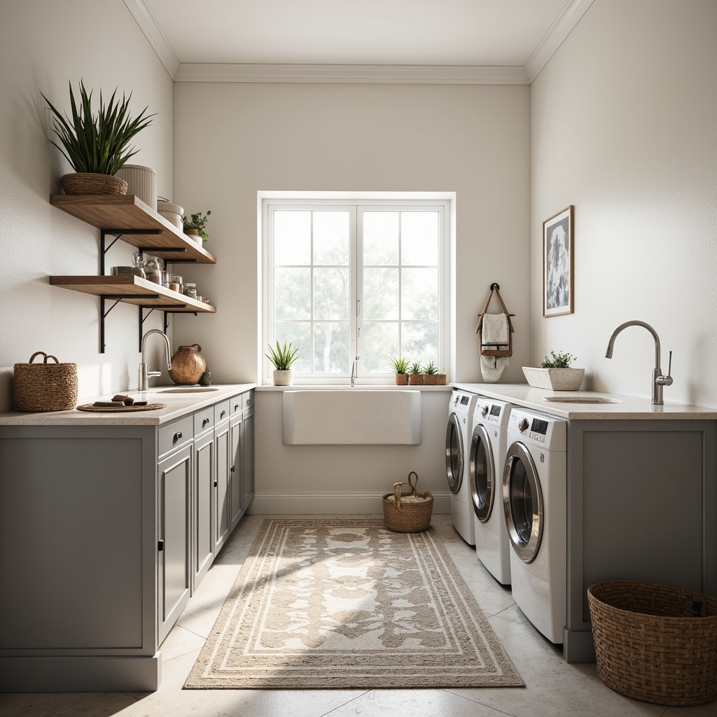 Prompt: Minimalist laundry room, sleek cabinetry, stainless steel appliances, white marble countertops, polished chrome fixtures, soft LED lighting, natural stone flooring, industrial-style metal shelves, woven baskets, geometric patterned rugs, creamy white walls, modern farmhouse sink, wall-mounted foldable drying rack, greenery-filled planter, airy atmosphere, shallow depth of field, 1/1 composition, realistic textures, ambient occlusion.