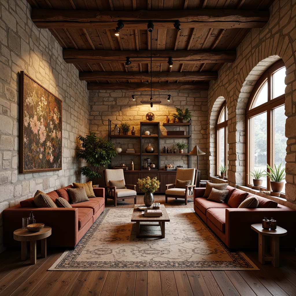 Prompt: Rustic wooden floors, distressed stone walls, velvet soft couches, woven rattan chairs, natural fiber rugs, earthy tone color palette, industrial metal accents, reclaimed wood shelves, artisanal ceramic vases, eclectic bohemian decor, warm cozy ambiance, dramatic ceiling fixtures, moody atmospheric lighting, 1/1 composition, shallow depth of field, realistic textures.