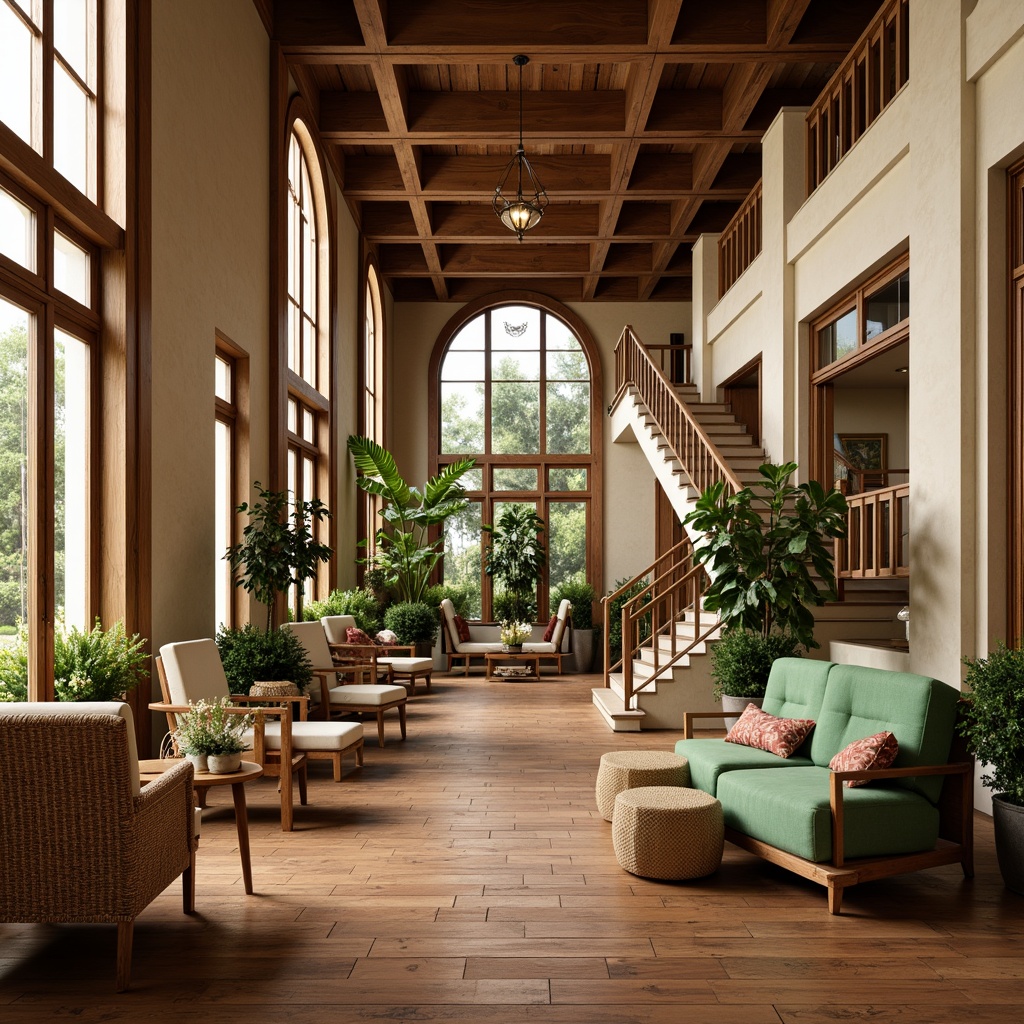 Prompt: Rich wooden accents, tropical hardwood floors, plush green upholstery, natural rattan furniture, woven wicker chairs, elegant wooden benches, vintage metal lanterns, lush potted plants, exotic flower arrangements, grand staircases, high ceilings, large windows, warm beige walls, cream-colored columns, ornate wooden carvings, ambient soft lighting, shallow depth of field, 1/1 composition, realistic textures, ambient occlusion.