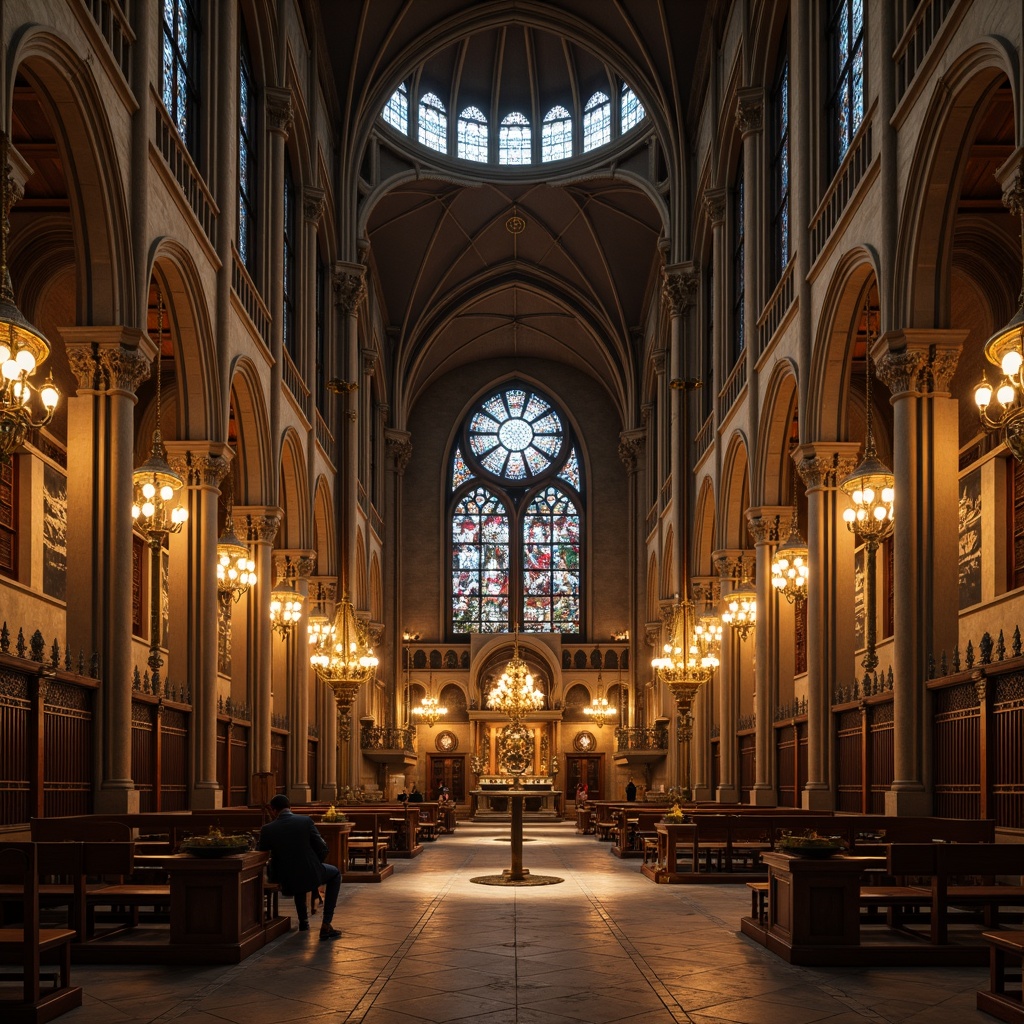 Prompt: Grandiose cathedral, vaulted ceilings, stained glass windows, ornate stone carvings, dramatic archways, mystical ambiance, warm golden lighting, candelabras, lanterns, pendant lamps, intricate metalwork, gothic-inspired chandeliers, mysterious shadows, soft warm glow, ambient occlusion, realistic textures, 3/4 composition, atmospheric perspective.