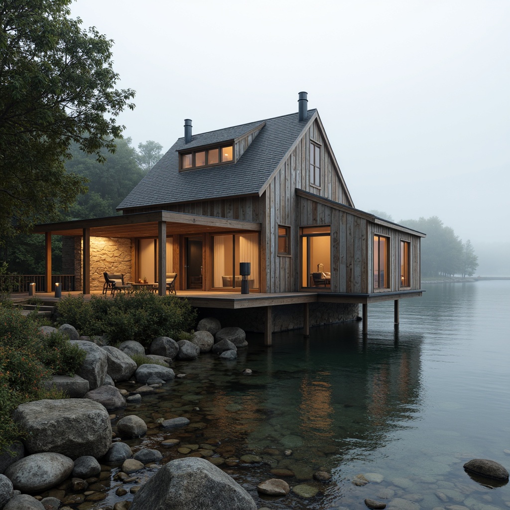 Prompt: Rustic boathouse, brutalist architecture, weathered wood accents, rough-hewn stone walls, industrial metal beams, functional minimalism, earthy color palette, moss-covered roofs, waterfront location, serene lake views, foggy misty mornings, soft warm lighting, shallow depth of field, 2/3 composition, atmospheric perspective, realistic textures, ambient occlusion.