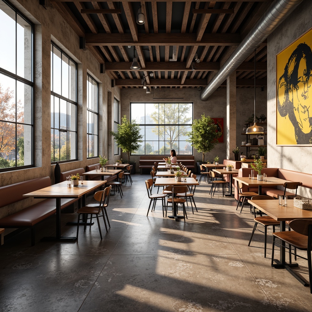 Prompt: Minimalist dining hall, industrial chic atmosphere, polished concrete floors, wooden tables, metal chairs, geometric patterns, bold color accents, abstract art pieces, natural stone walls, large windows, abundance of natural light, soft warm glow, shallow depth of field, 1/1 composition, realistic textures, ambient occlusion.