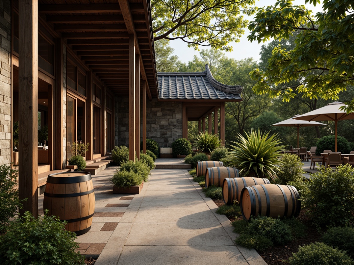 Prompt: \Rustic Asian winery, textured stone walls, earthy tones, wooden accents, traditional Chinese roofs, curved lines, vibrant greenery, lush vines, wine barrels, oak wood aging cellars, dim warm lighting, soft shadows, 1/1 composition, realistic brick textures, ambient occlusion.\Please let me know if this meets your expectations!