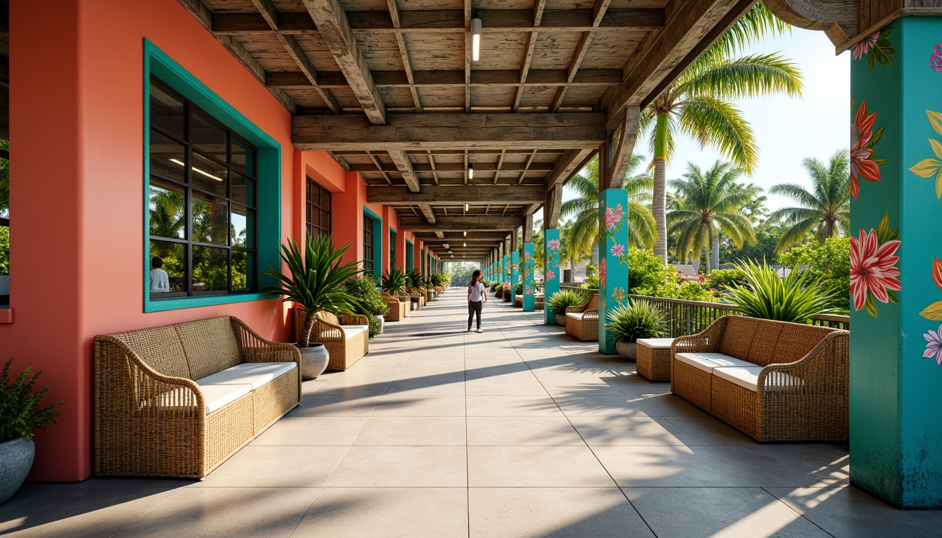 Prompt: Vibrant tropical bus station, bright coral walls, turquoise accents, lush greenery, palm trees, colorful floral patterns, woven rattan benches, natural wood textures, rustic metal frames, warm sunny day, soft diffused lighting, shallow depth of field, 1/1 composition, realistic renderings, ambient occlusion, exotic island vibes.