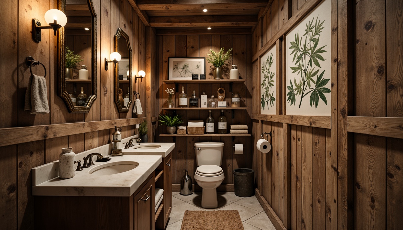 Prompt: Rustic powder room, distressed wood accents, vintage fixtures, natural stone countertops, earthy color palette, warm ambient lighting, antique metal hardware, ornate mirrors, woven textiles, botanical prints, reclaimed wood shelving, decorative apothecary jars, soft focus, shallow depth of field, 1/1 composition, warm color grading, realistic wood textures.