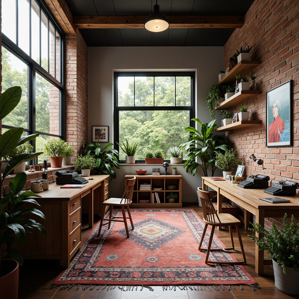 Prompt: Vibrant eclectic office, distressed wooden desks, mismatched chairs, colorful rug, vintage typewriters, industrial metal lamps, reclaimed wood shelving, abstract artwork, exposed brick walls, polished concrete floors, lush green plants, natural light pouring in, warm cozy atmosphere, shallow depth of field, 1/1 composition, realistic textures, ambient occlusion.