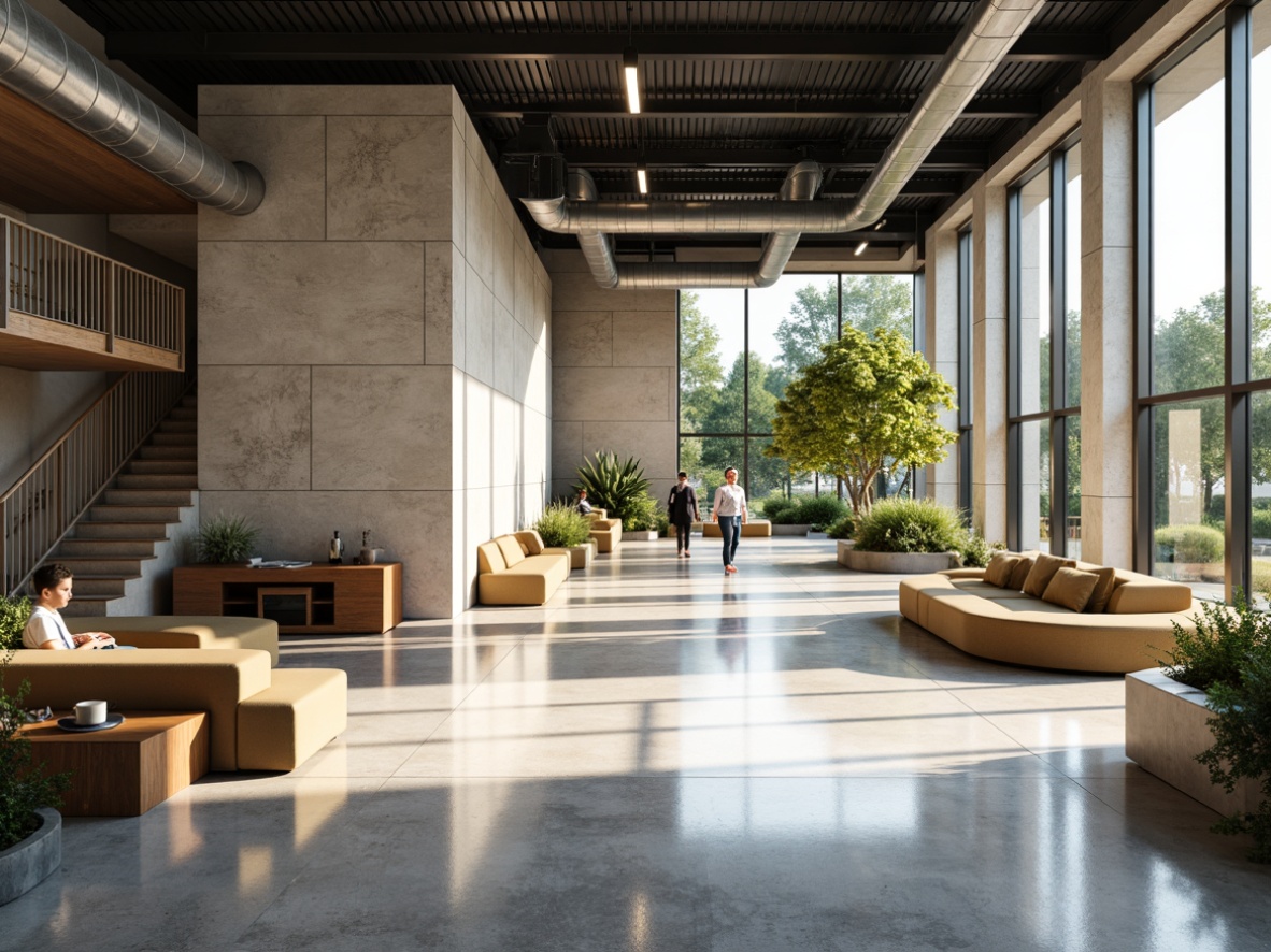 Prompt: Modern university setting, polished concrete floors, industrial chic aesthetic, exposed ductwork, minimalist decor, sleek lines, neutral color palette, natural stone accents, wooden furniture, metal beams, abundant daylight, soft warm lighting, shallow depth of field, 3/4 composition, realistic textures, ambient occlusion.