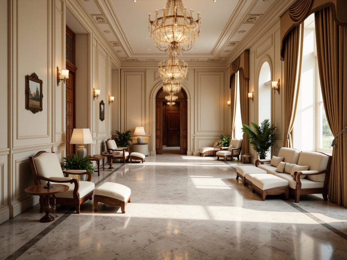 Prompt: Luxurious waiting area, ornate chandeliers, marble floors, stately columns, rich wood paneling, cream-colored walls, elegant dental chairs, antique-inspired furniture, velvet drapes, subtle aromatherapy, soft warm lighting, shallow depth of field, 1/1 composition, panoramic view, realistic textures, ambient occlusion, serene ambiance, sophisticated color palette, high-end materials, intricate moldings, refined decorative accents.